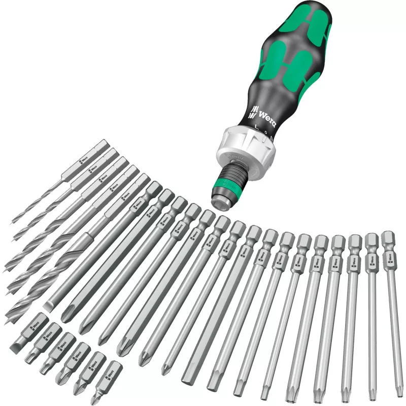 Wera Kraftform Kompakt H 1 Woodcraft kruvikeeraja käepide 12 segatud otsikuga - Hex, Phillips, Pozidriv, Torx