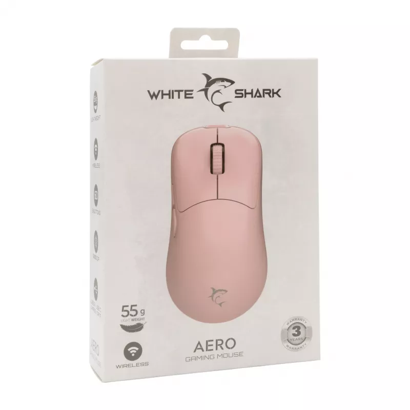 White Shark AERO PINK Juhtmevaba Mänguhiir (Roosa, 10000 DPI, 2.4GHz/USB-C)