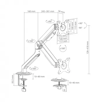 White Shark AKHENATEN I GMS-3209 Gaasvedru monitorihoidja – ühe monitori jaoks 17-32 tolli, kandevõime 9 kg, VESA 75/100, lauaklamber/auku kinnitus, must
