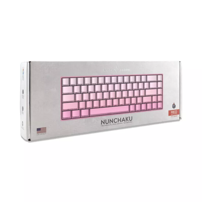 White Shark NUNCHAKU-P-US-RED.SW TKL mehaaniline mänguklaviatuur - 87 klahvi, Outemu Red lülitid, RGB taustvalgustus, roosa