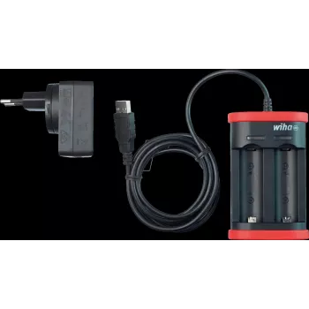 WIHA 41915 USB laadija liitiumioonakudele, 2 pesaga, 5V DC sisend, 3,6V DC väljund, 1A pesa kohta, LED indikaator, must/punane
