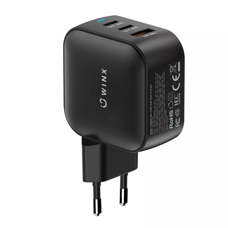 WINX POWER Max 65W GaN seinilaadija - 2x USB-C PD, 1x USB-A QC, must