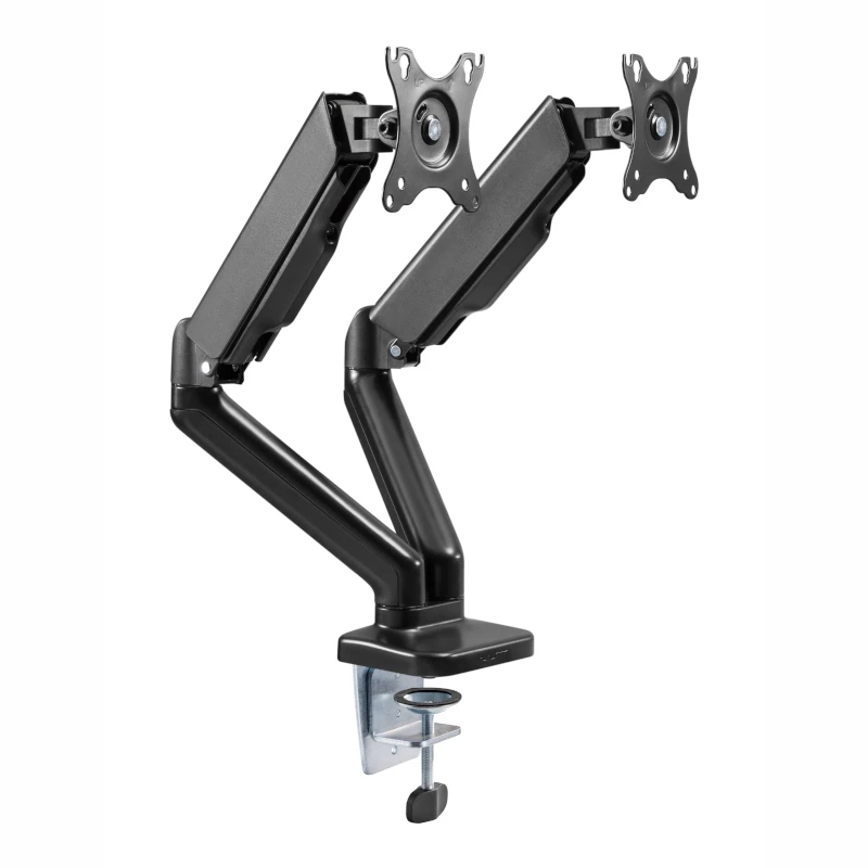 WINX RISE Pro Dual Full Motion Monitor Arm - Gaasvedru lauahoidik 2 ekraanile 17 inch-32 inch, VESA 75/100, 18kg kokku, klambriga ja avaga, must