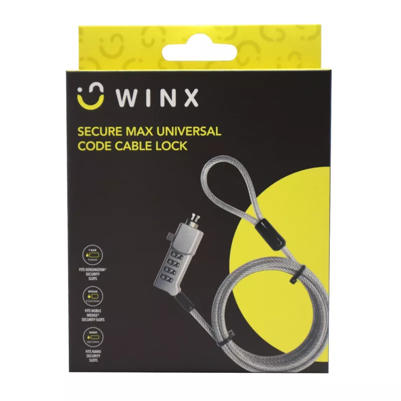 WINX Secure Max universaalne koodkaabellukk - 4-kohaline ümberseatav kombinatsioon, punutud teras, 1,8 m, must/hõbe