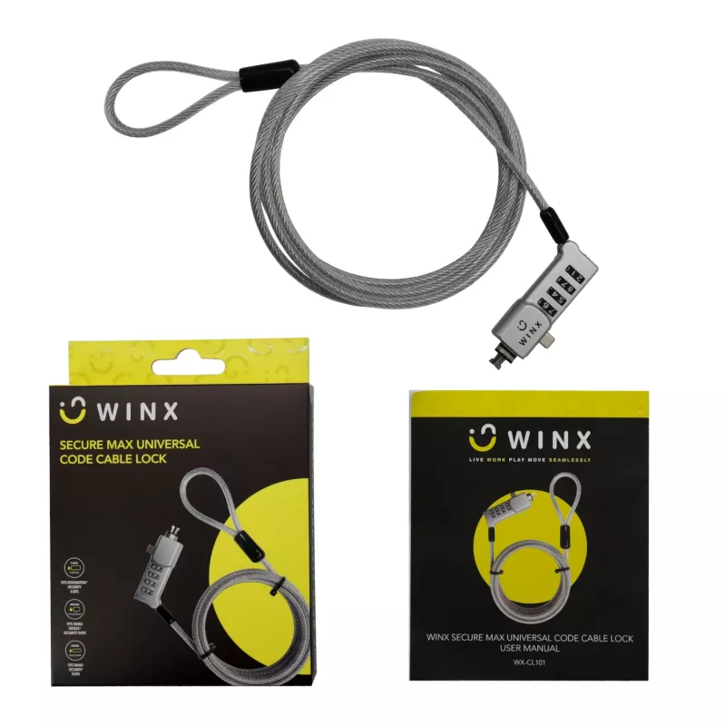 WINX Secure Max universaalne koodkaabellukk - 4-kohaline ümberseatav kombinatsioon, punutud teras, 1,8 m, must/hõbe