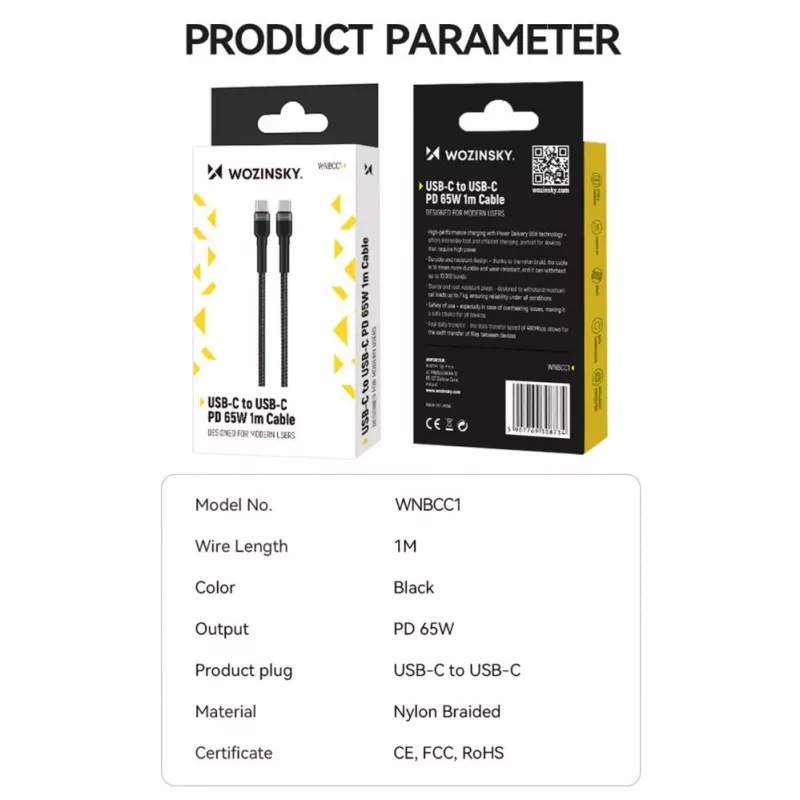 Wozinsky 1 m USB-C to USB-C kaabel 60W PD kiirlaadimine ja andmesünkroonimine must