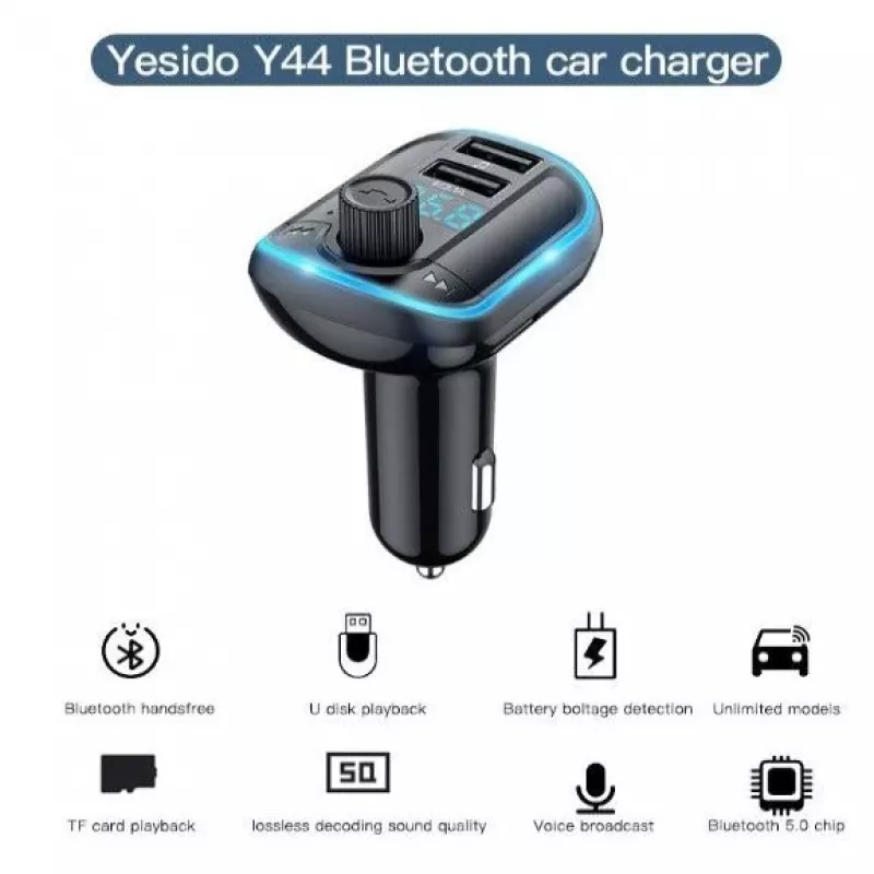 YESIDO Y44 MP3-mängija Bluetooth-autolaadija QC3.0, LED-ekraan, käed-vabad kõned, must