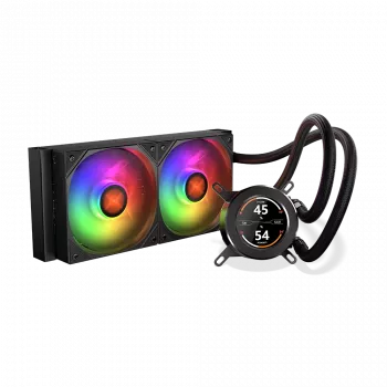 240 mm AIO protsessori vedelikjahuti KRUX HydroGlance 240 ARGB LCD — 240 mm radiaator, ARGB-valgustus, LCD-ekraan