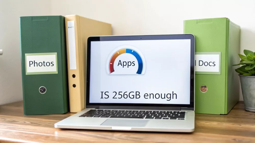 Sülearvuti ekraan kuvab küsimuse „Kas 256 GB piisab“ rakenduste jaoks, kõrval kaustad sildiga „Fotod“ ja „Dokumendid“.