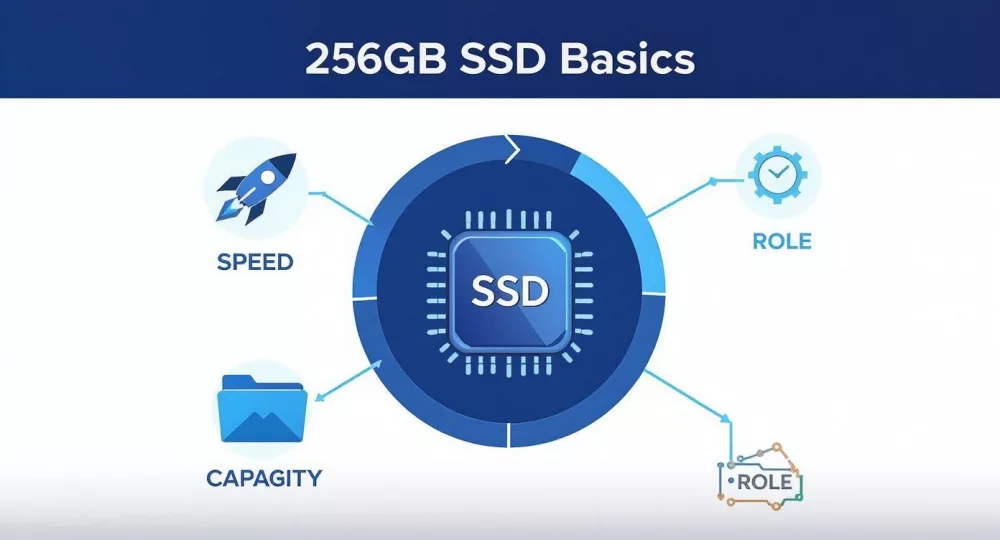 Diagramm, mis selgitab 256 GB SSD põhitõdesid — kiirust, mahtu ja rolle ikoonidega.