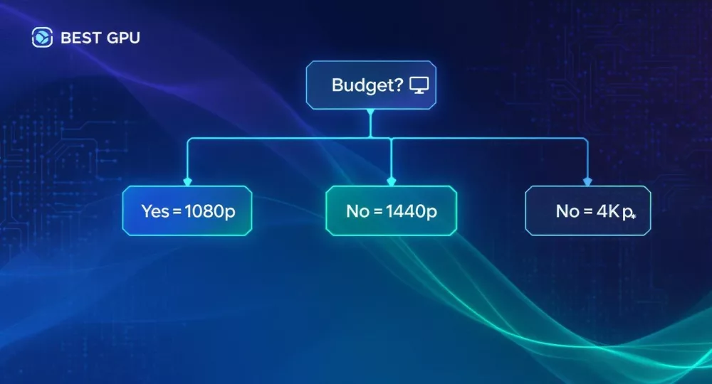 Vooskeem, mis näitab GPU valikut mängueelarve põhjal 1080p, 1440p ja 4K resolutsioonide jaoks