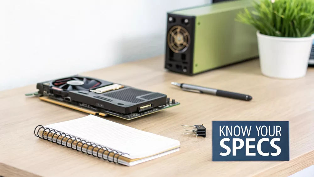 Videokaardi GPU puidust laual koos märkmiku ja arvutikomponentidega mängu spetsifikatsioonide jaoks