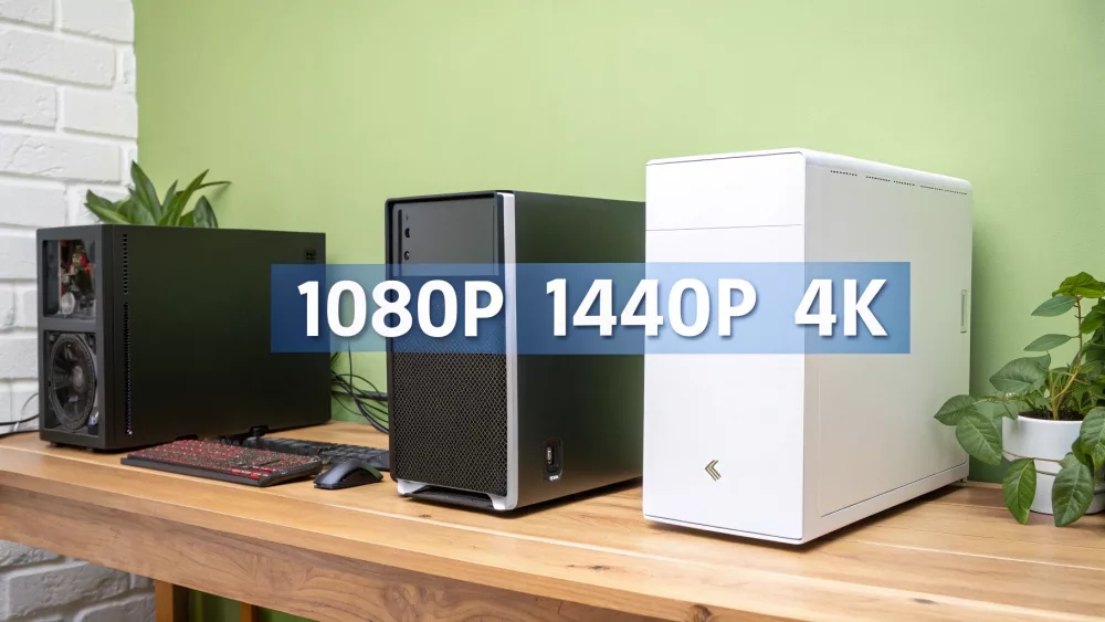 Kolm mänguarvuti korpust, mis näitavad 1080p, 1440p ja 4K eraldusvõime võimekust puidust laual