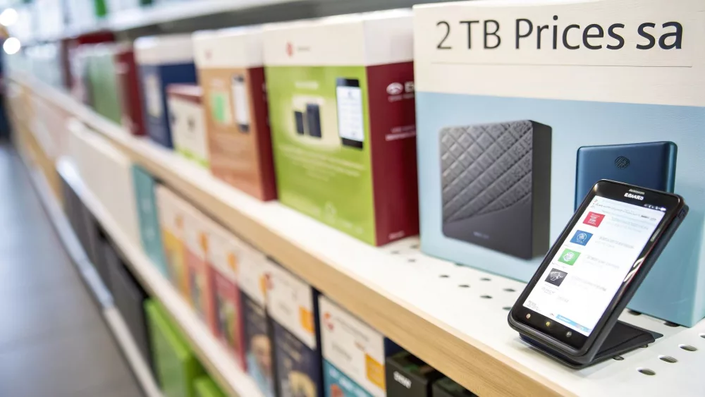 Jaemüügiriiul pakendatud 2 TB väliste kõvaketastega ja nutitelefon, millel on näha tooteinfo.
