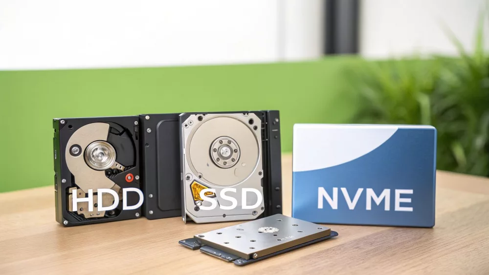Mitmesuguste andmesalvestusseadmete väljapanek, sealhulgas avatud HDD, avatud SSD ja NVMe karp.