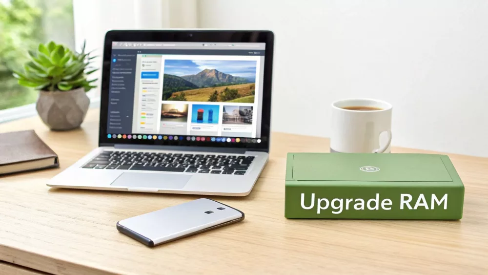 Sülearvuti, nutitelefon, kohv ja roheline karp kirjaga 'Upgrade RAM' heledal puidust laual.