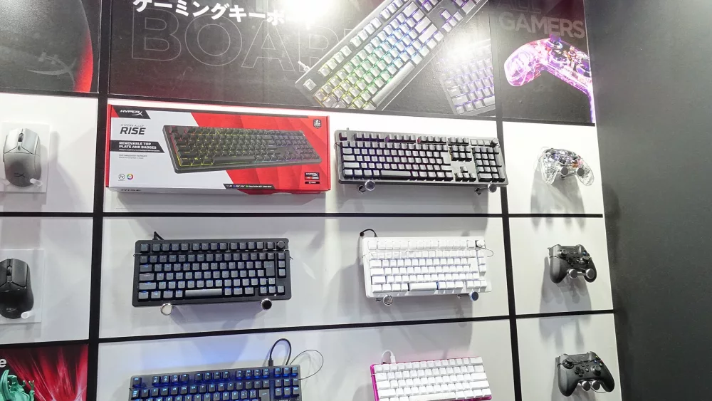 Gaming keyboards on a store display wall