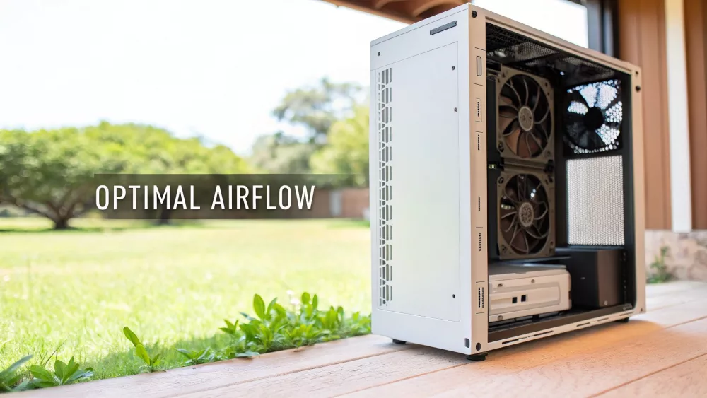Valge micro ATX arvutikorpus karastatud klaaspaneeliga, mis näitab sisemisi jahutusventilaatoreid ja optimaalset õhuvoolu disaini